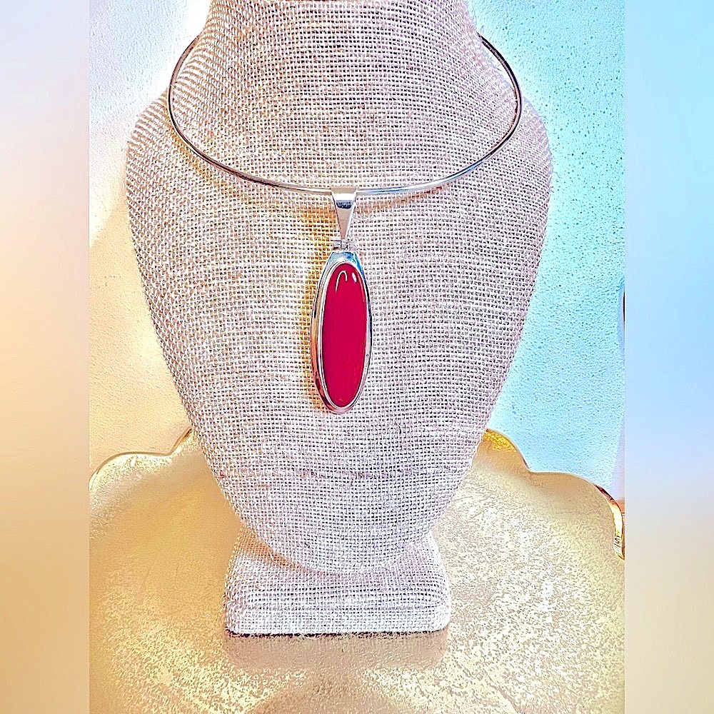 STUNNING Mexico Collar Necklace w/Oblong Carnelian Stone Pendant, 925 Sterling 😍